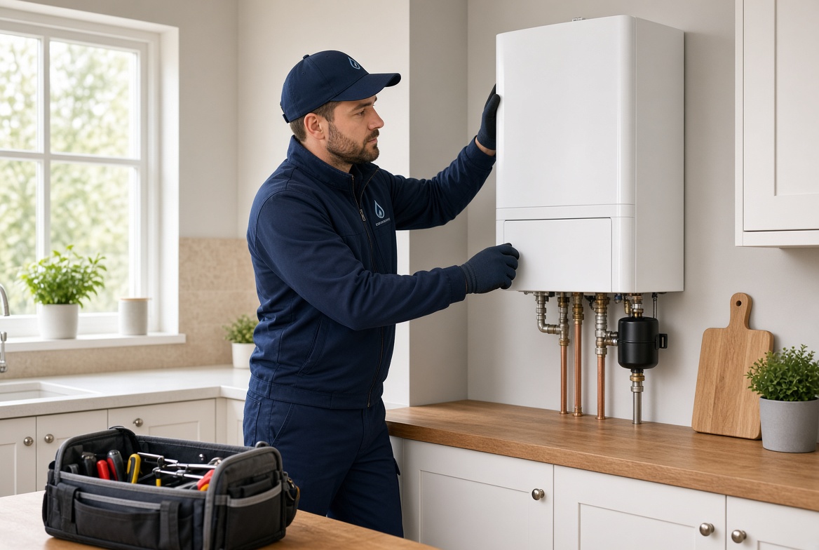 Gas Safe engineer installing a new boiler in a Northwest home